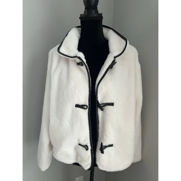 Sabrina Lauren Women's Large Faux Fur Toggle Coat Luxe Look White W/ Black Trim - Picture 1 of 8